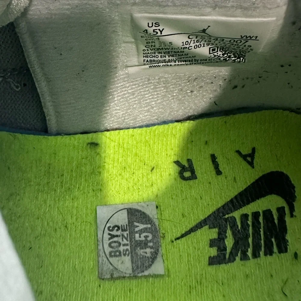 Suede Jordan 4’s Big Kid’s Sz. 4.5y charcoal grey and volt colorway